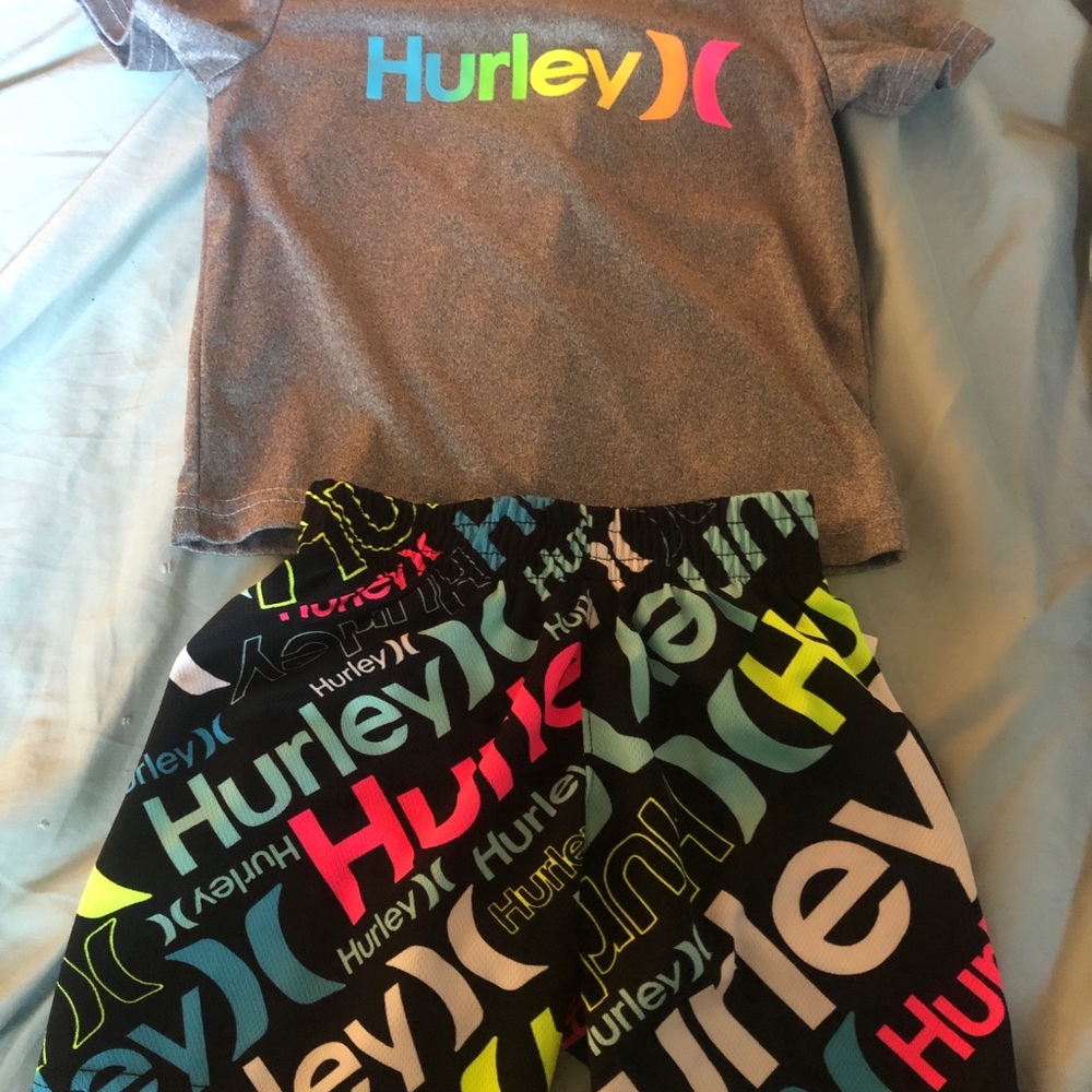 Hurley 3T Shirt & Shorts with Neon Pink, Blue & Lime Accent Logos Unisex
